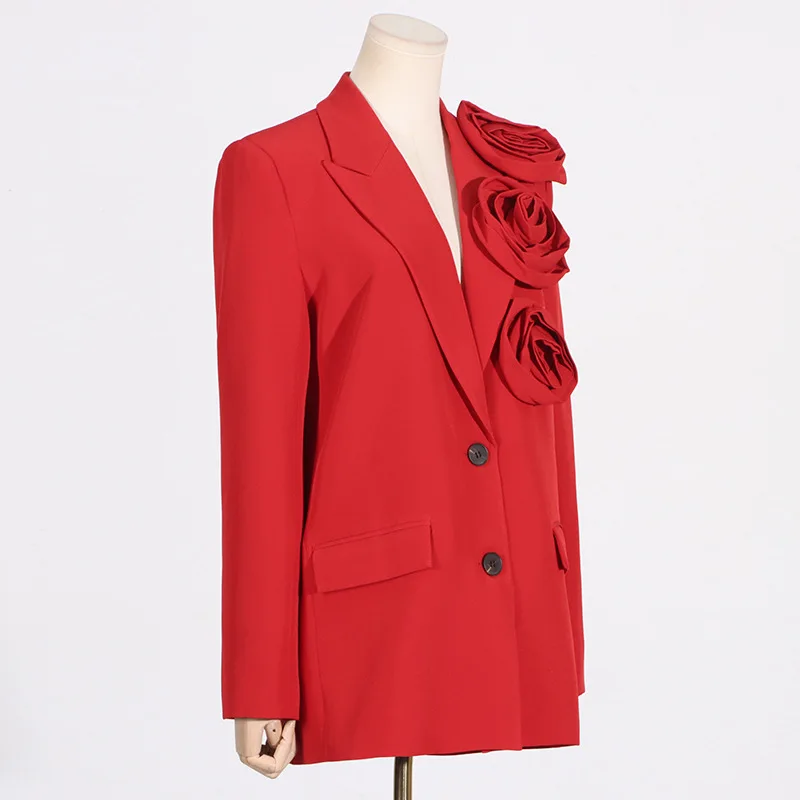 Traje rojo de 1 pieza para mujer, Blazer de diseñador, flor 3D, cuello en V, ropa de trabajo Formal de algodón para mujer, Chaqueta larga, abrigo, vestido de Graduación