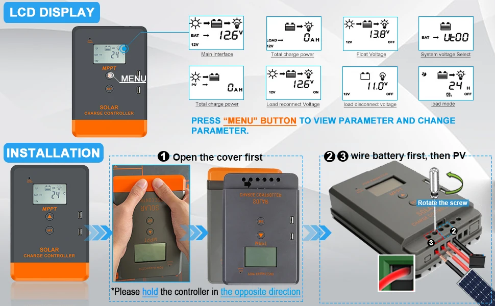 US Stock 20A 30A 40A Solar Charger Controller 12V 24V Solar Regulator LCD Display Fit LifePo4 Batteria for Home RV Boat Camp