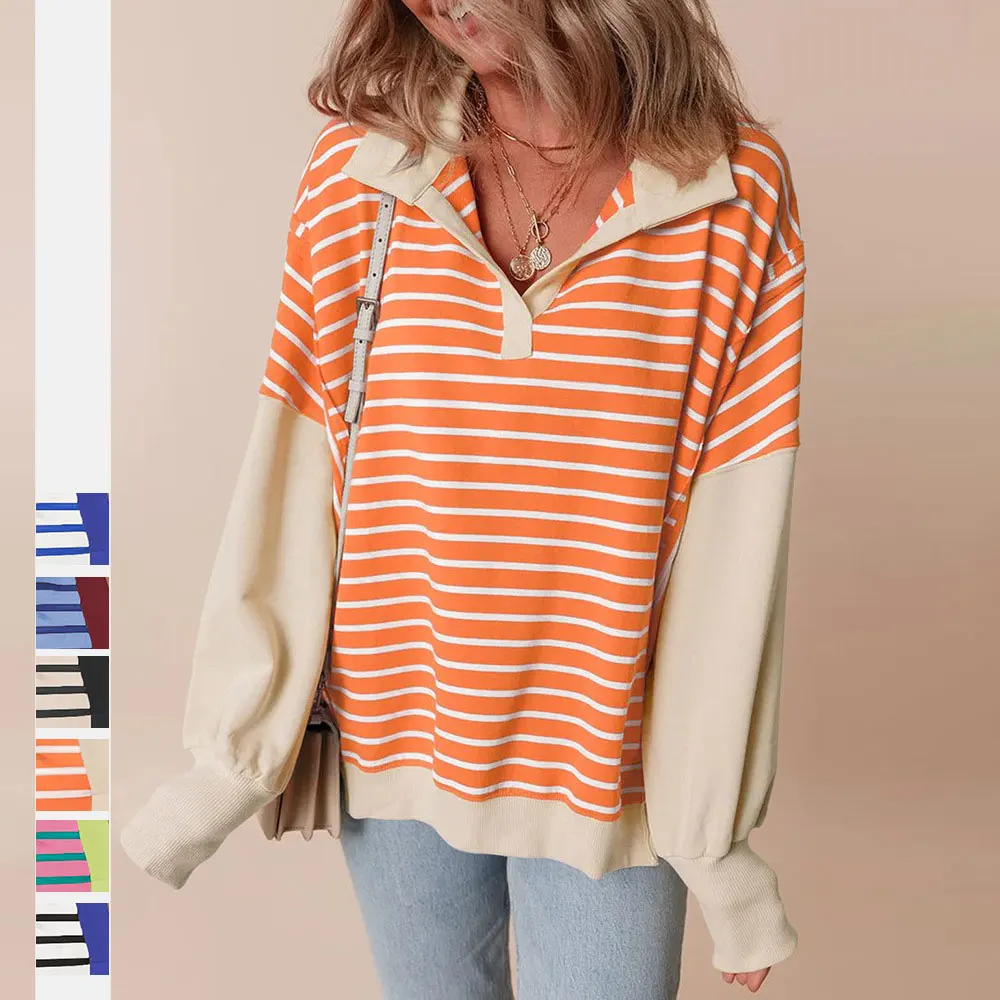 

Pullover Stripe Color Block Loose Fit Oversized Collared Drop Shoulder Sweatshirts Women's Long-sleeved Jacket Loose Sweatshirt