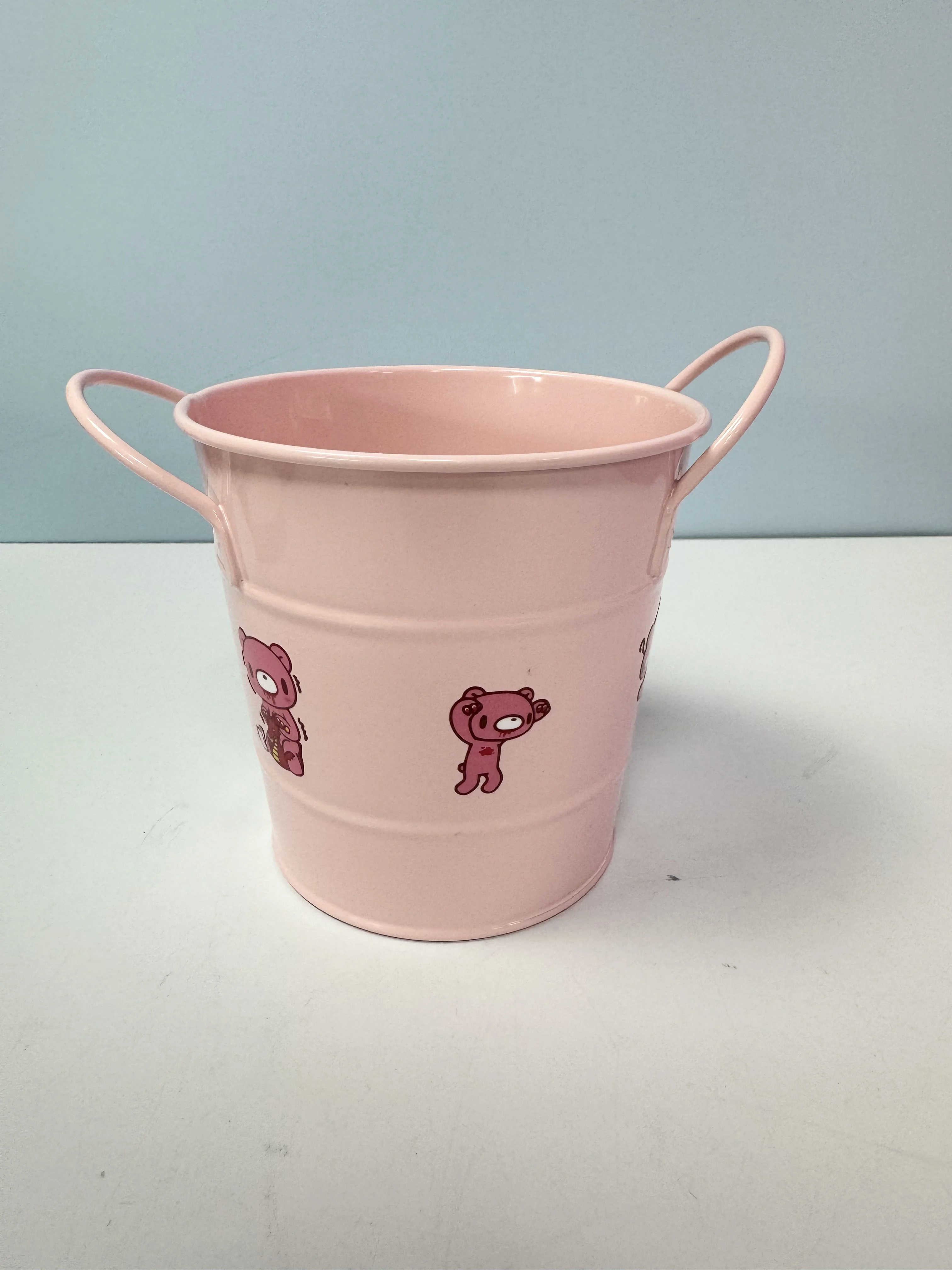 Kawaii Bear Metal Storage Bucket Pink Mini Tin Pail With Handles Stationery Makeup Organizer Room Aesthetic Decor