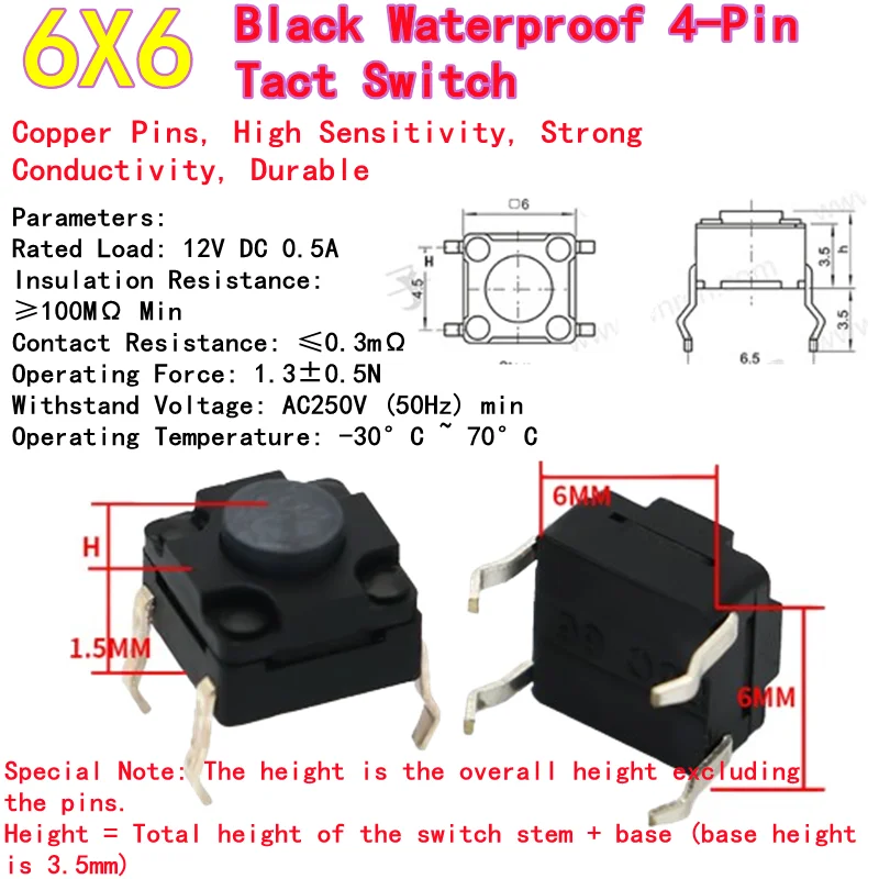 10PCS Waterproof Tact Switch, 6X6X4.3h-10h Pin Series, Vertical 4-Pin Round Button Mini Micro Switch