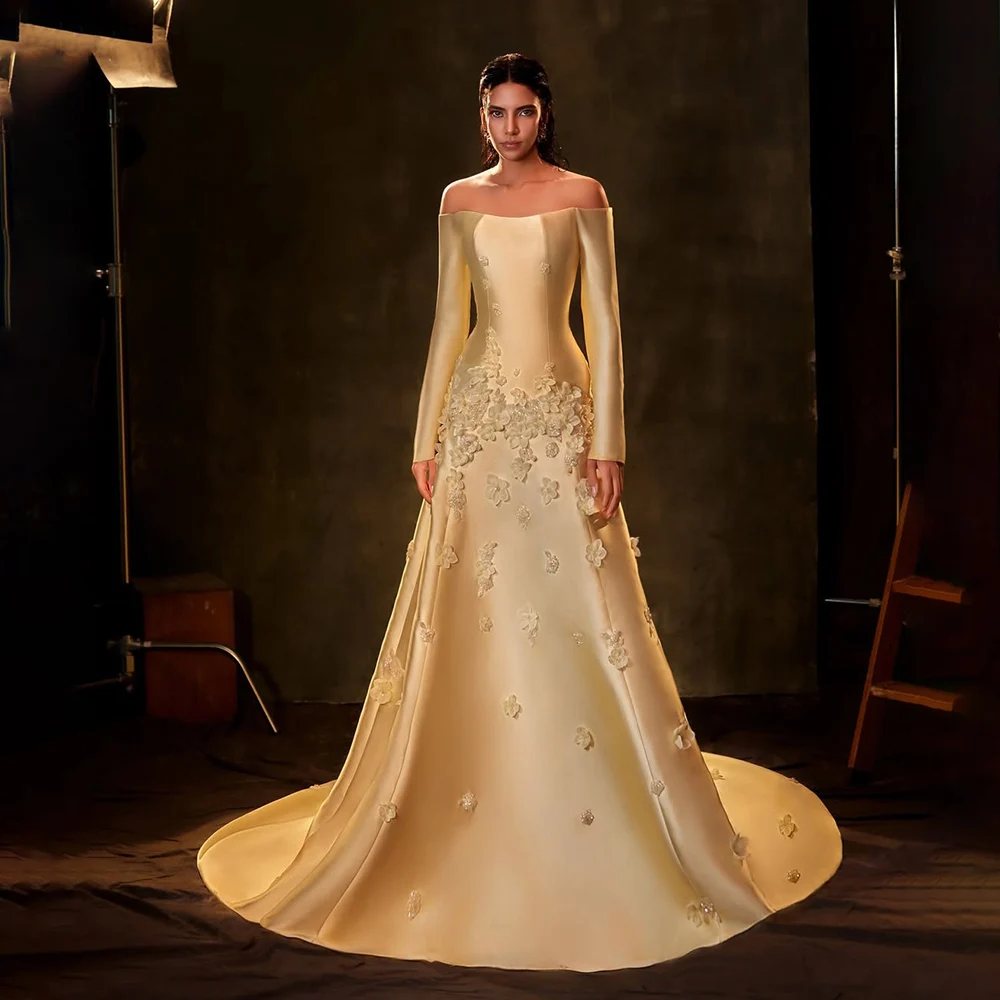 Serene Hill Yellow A-Line Satin Evening Dress with Appliques