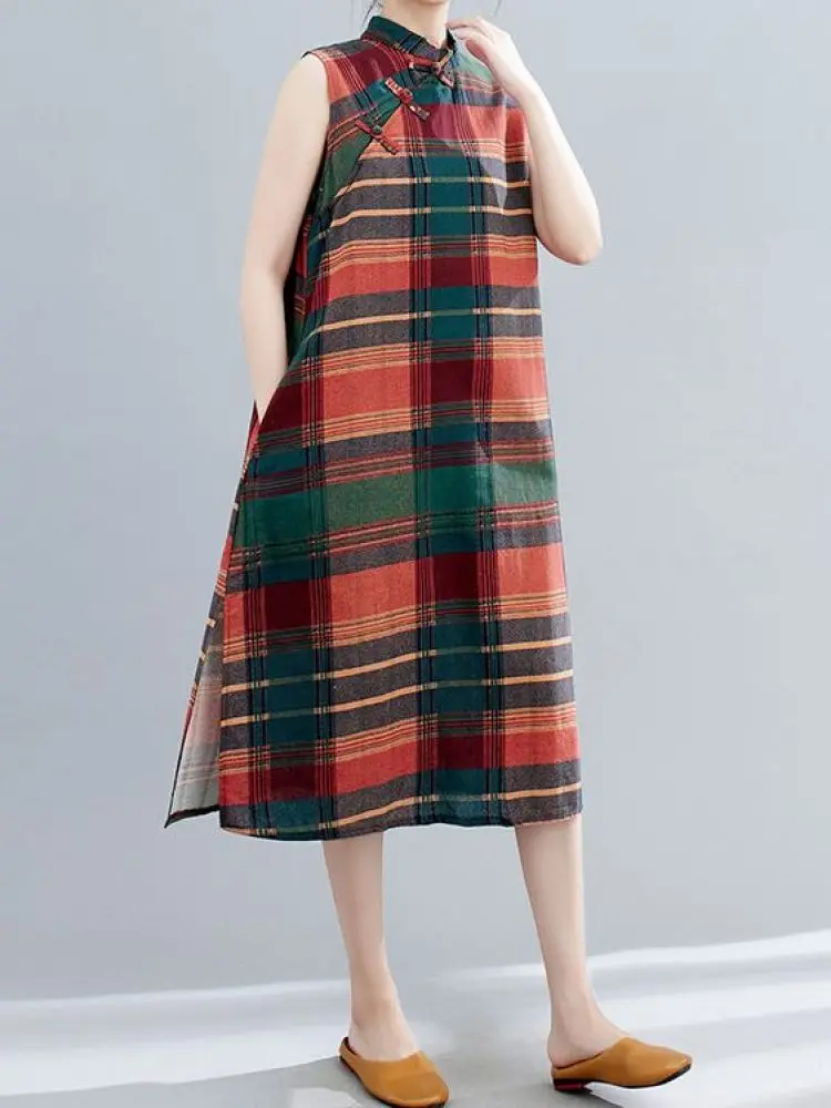 Business Casual Midi Length Loose Fit Dress Button up Stand Collar Qipao Style Skirt for Commuting Women's plus Size Dress