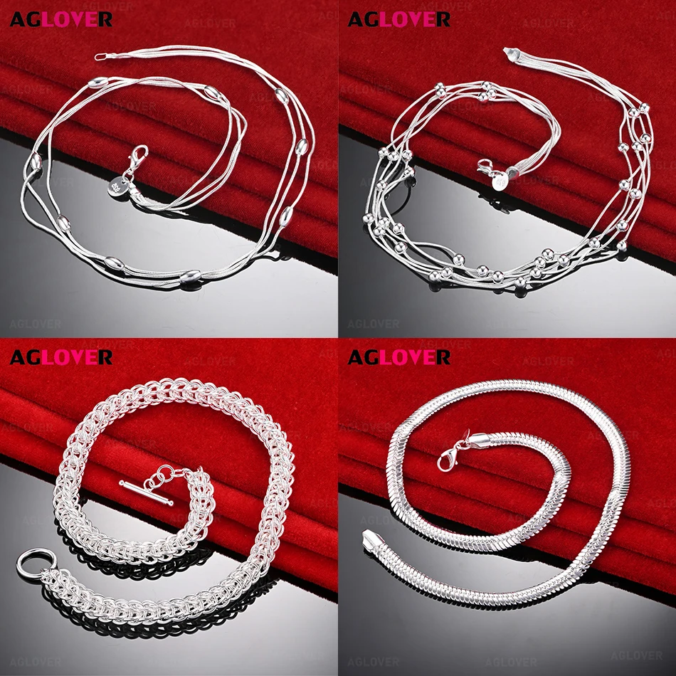 

AGLOVER 925 Sterling Silver Five-Line Snake Chain Beaded Shrimp Clasp Necklace Gift Accessories Party Jewelry Wedding