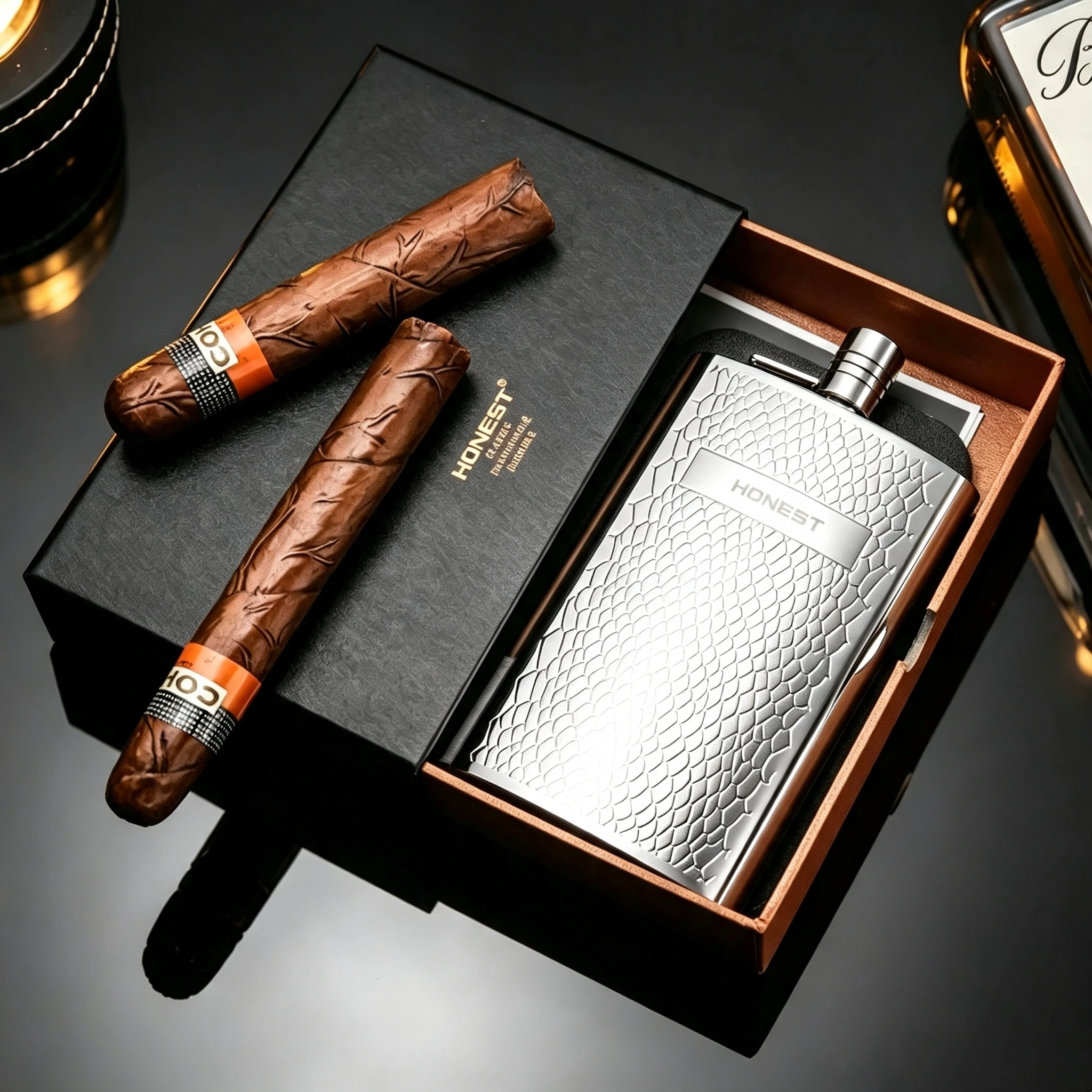 Luxury 5.5oz Curved Hip Flask with Snake Texture Engraved，Portable Whisky Flask with Funnel Gift Box Set for Men Outdoor Travel