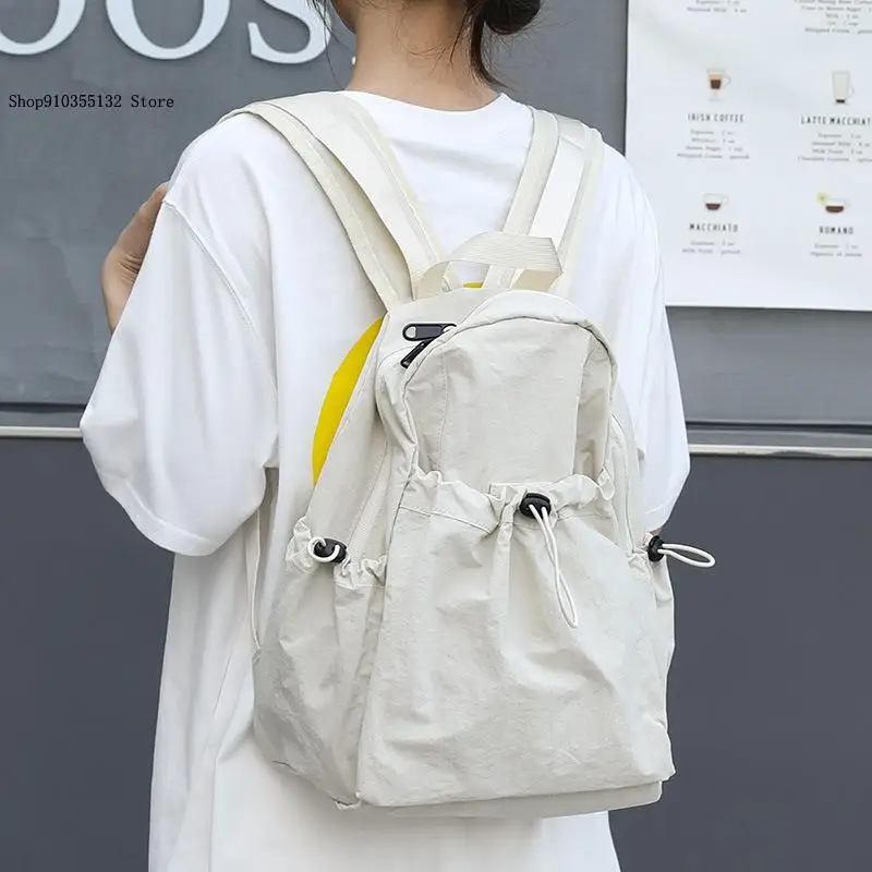 Korean Casual Pure Color Zipper Artistic Canvas Backpack Ins Pleated Nylon Drawstring Oxford Cloth Backpack Woman