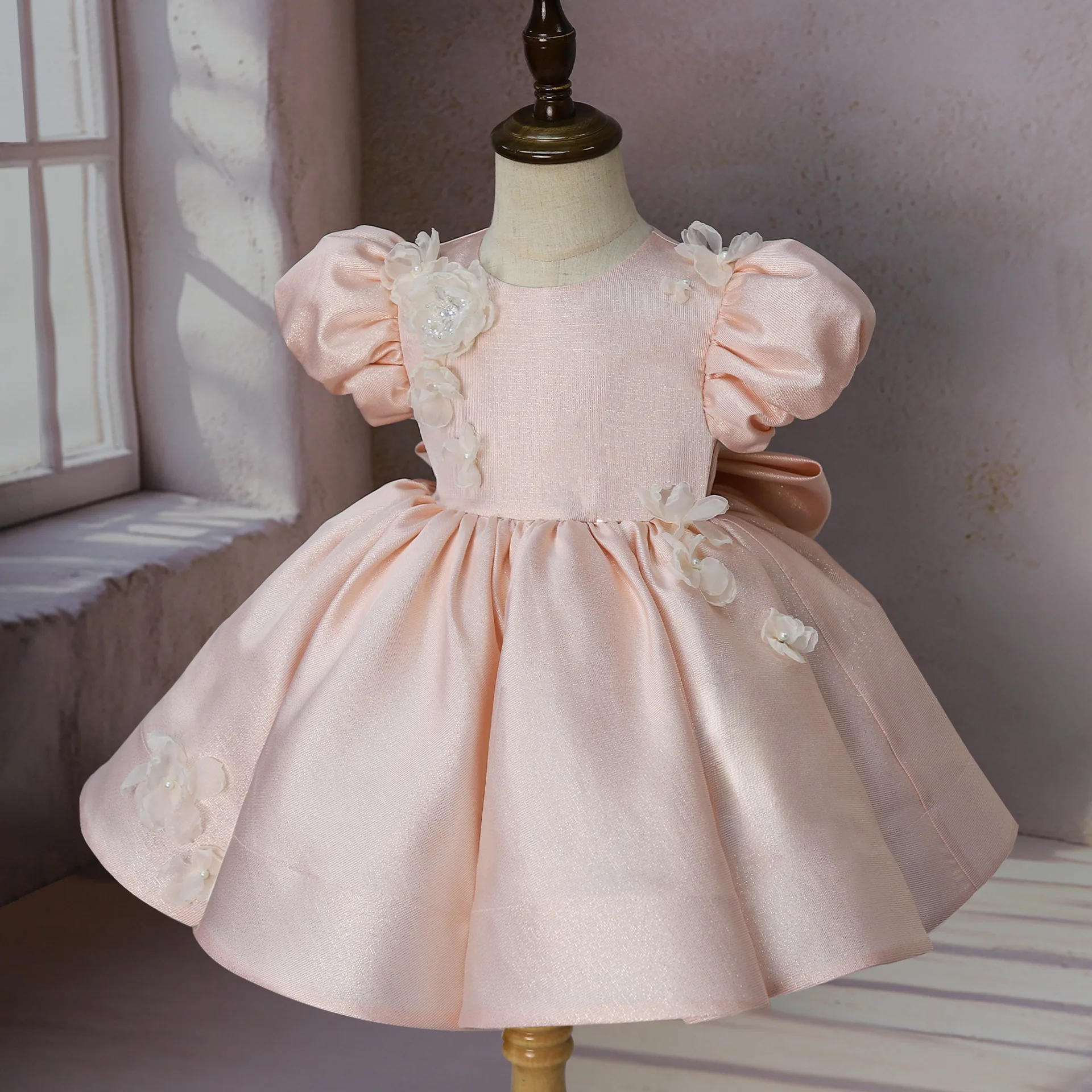 Lovely Girls Summer Flower Girl Dress Pink Satin Host Performance Outfit Toddler for Princess Bow Wedding Evening Ball Gowns