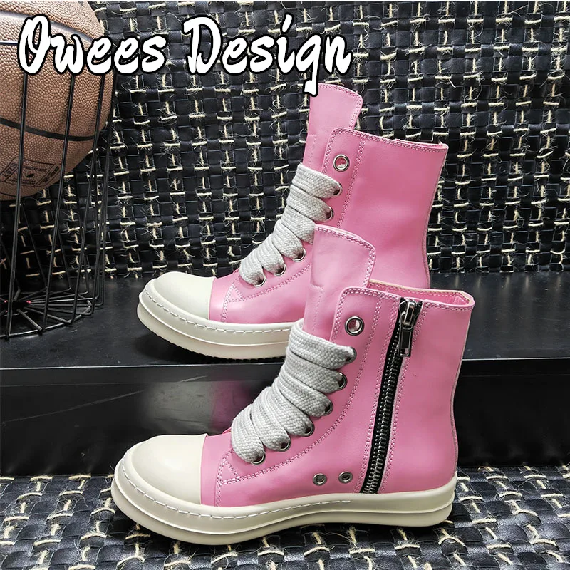 

High Top Men Shoes Jumbo Shoeslace for Women Genuine Leather Thick Sole Boots Owees High Street Vintage Luxury Skateboard