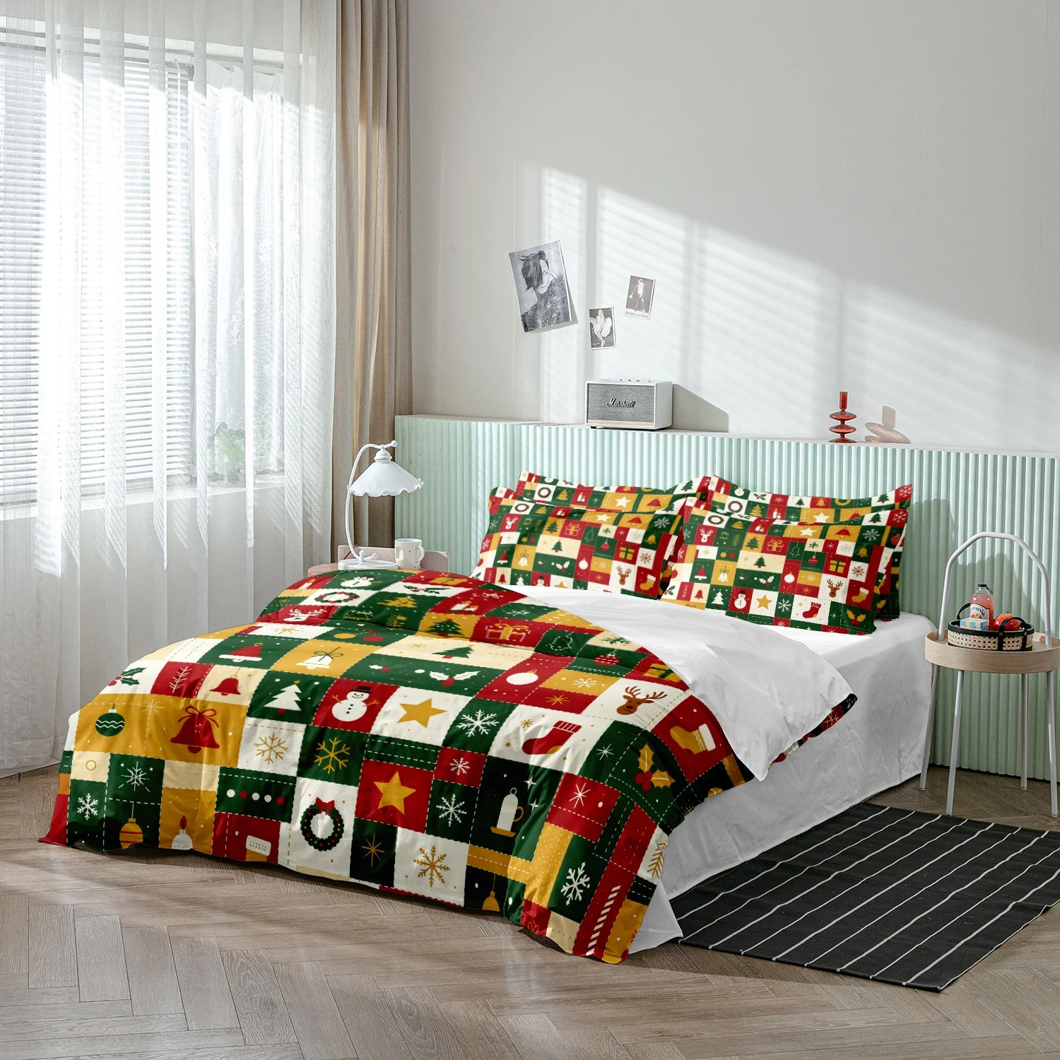 3Pcs Red Green Gold Grid with Snowman Reindeer Christmas Tree Bell Snowflake Print Duvet Cover Set, Christmas Geometry Bedding