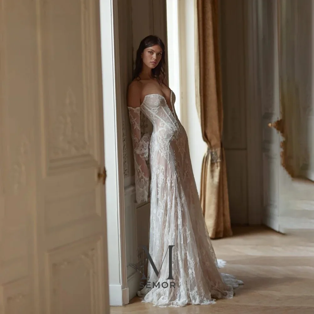 Semor Luxurious Ivory A-Line Wedding Dress Lace Illusion Sexy Bride Dress Floor Length Wedding Gown Bridal Gown New Customized