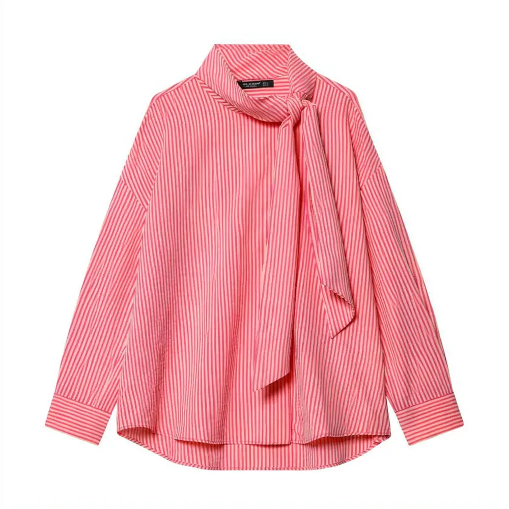 Women Elegant Striped Shirt Long Sleeve Bowknot Detail Polo Neck Blouse Fashion Office Commuter Slim Fit Pullover Tops New 6