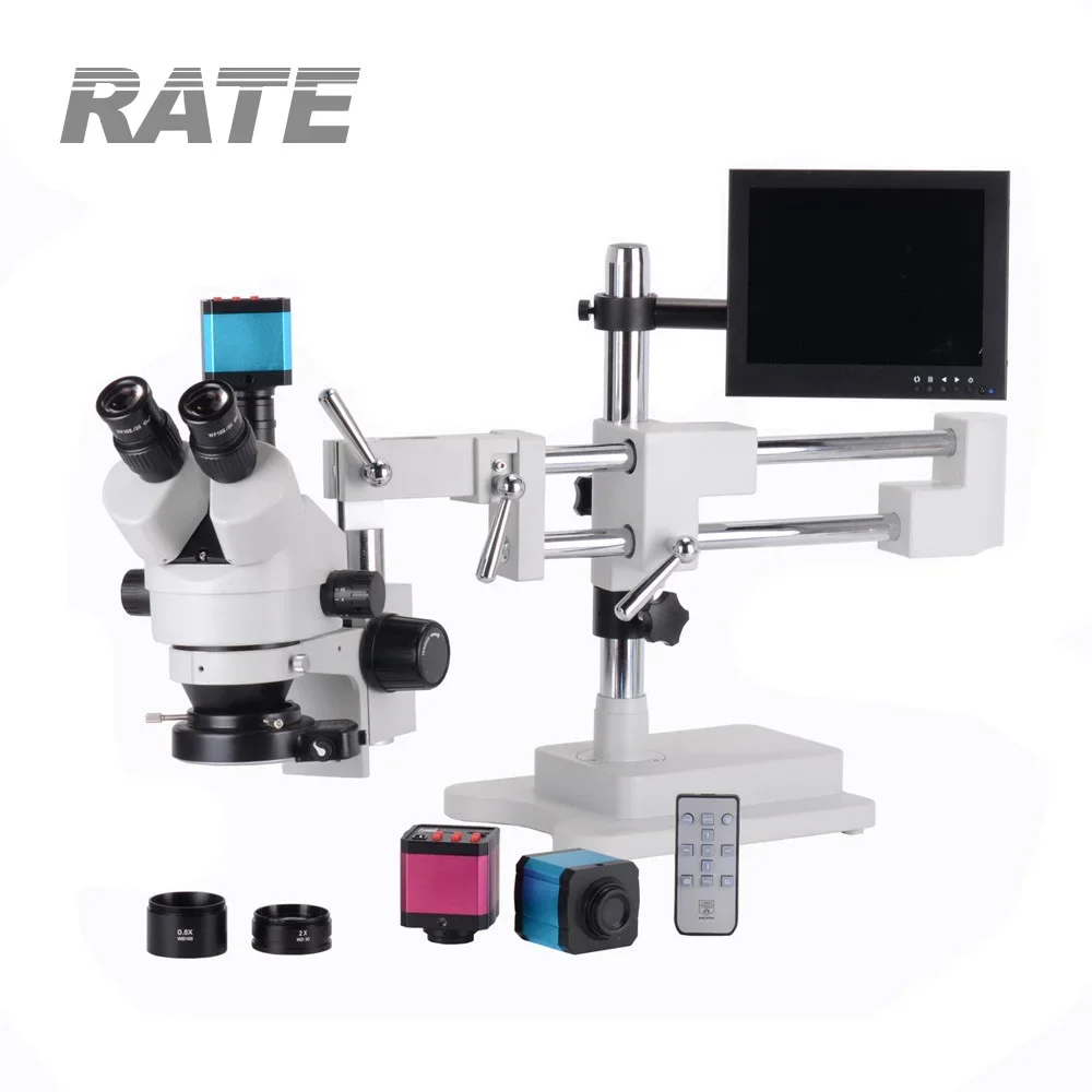 7X-45X Table Pillar Mount Magnification Zoom Trinocular Stereo Microscope Inspect PCB 14MP Microscope Camera + 8 '' LCD