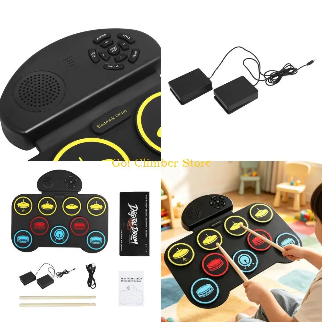 Q84C Portable Electronic Drum with Two Foot Pedals, 9-Zone Playing Layout, Type-C Power, Recording Function and Sound Input
