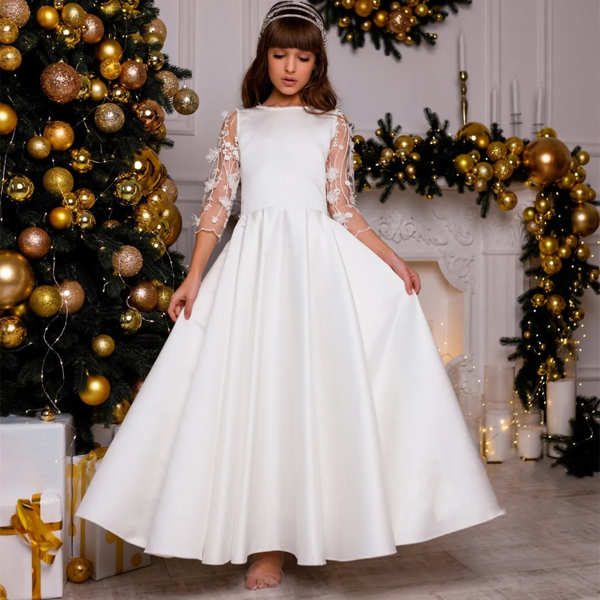 

A+Elegant Flower Girl Dresses Satin A Line Floor Length Bow Three Quarter Illusion Sleeves Pageant Gown Birthday Dress