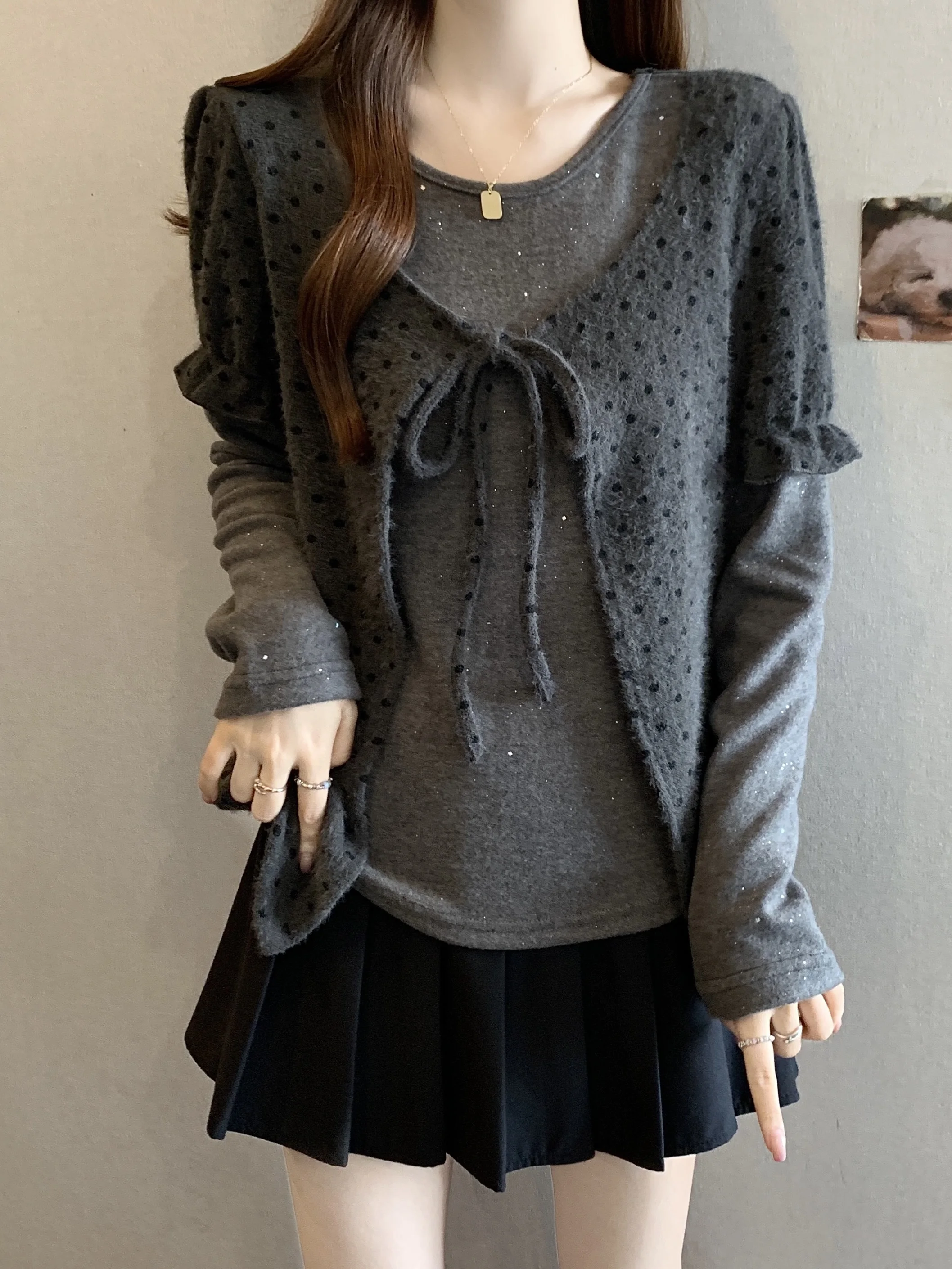 

plus Size Women's Long Sve Fro over irt Polka Dot Brued Underwear Faionable Versatile Belly Covering Top Ele S...