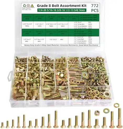 

772 Pcs Grade 8 Bolt & Nut Kit – Heavy Duty Hex Screws – SAE 1/4-20, 5/16-18, 3/8-16, 1/2-13
