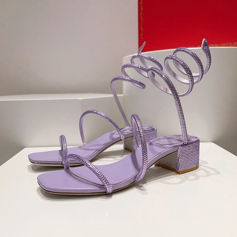 Square Toe Chunky High Heels Sandals Women's Shiny Crystal Ankle Snake Twine Around Party Shoes Summer Gladiator Sandalias