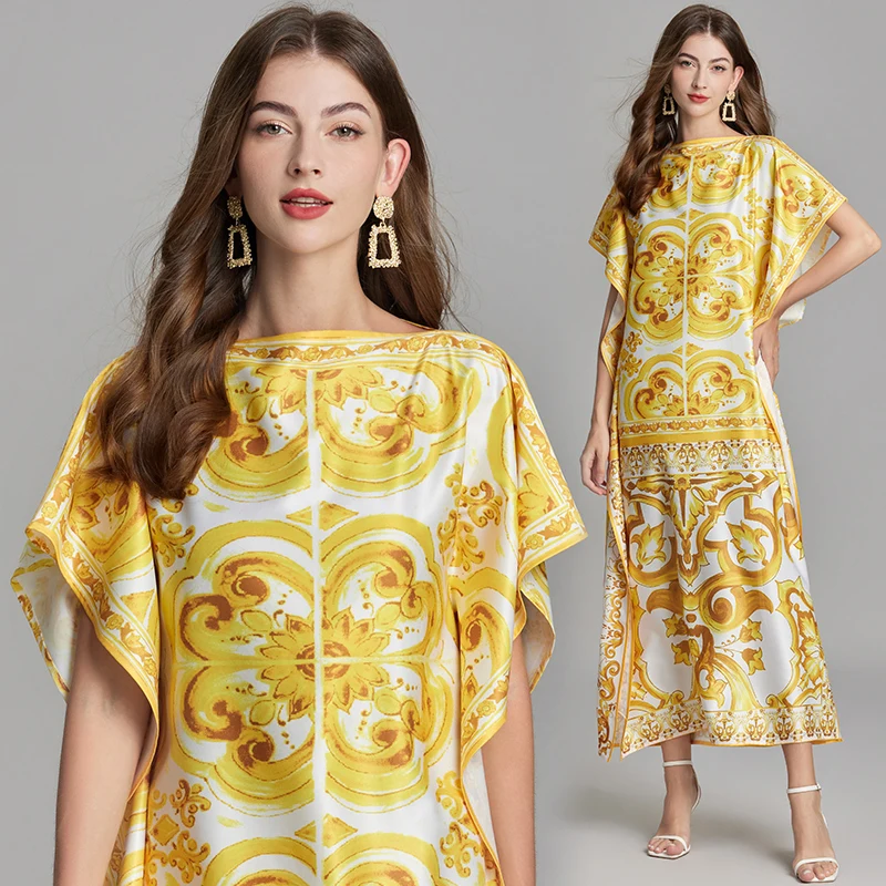 TRAF Summer Runway Vacation Yellow and White Porcelain Print Long Loose Women\'s Batwing Sleeve Side Split Maxi Kaftans Dresses