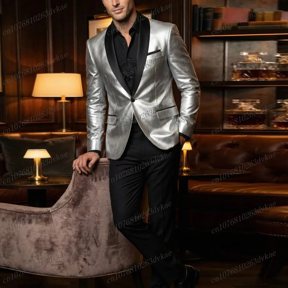 

New Silver Leather And Black Men Suit Wedding Party Formal Groom Groomsman Prom Business Male Tuxedos 2 Piece Set Jacket Pants