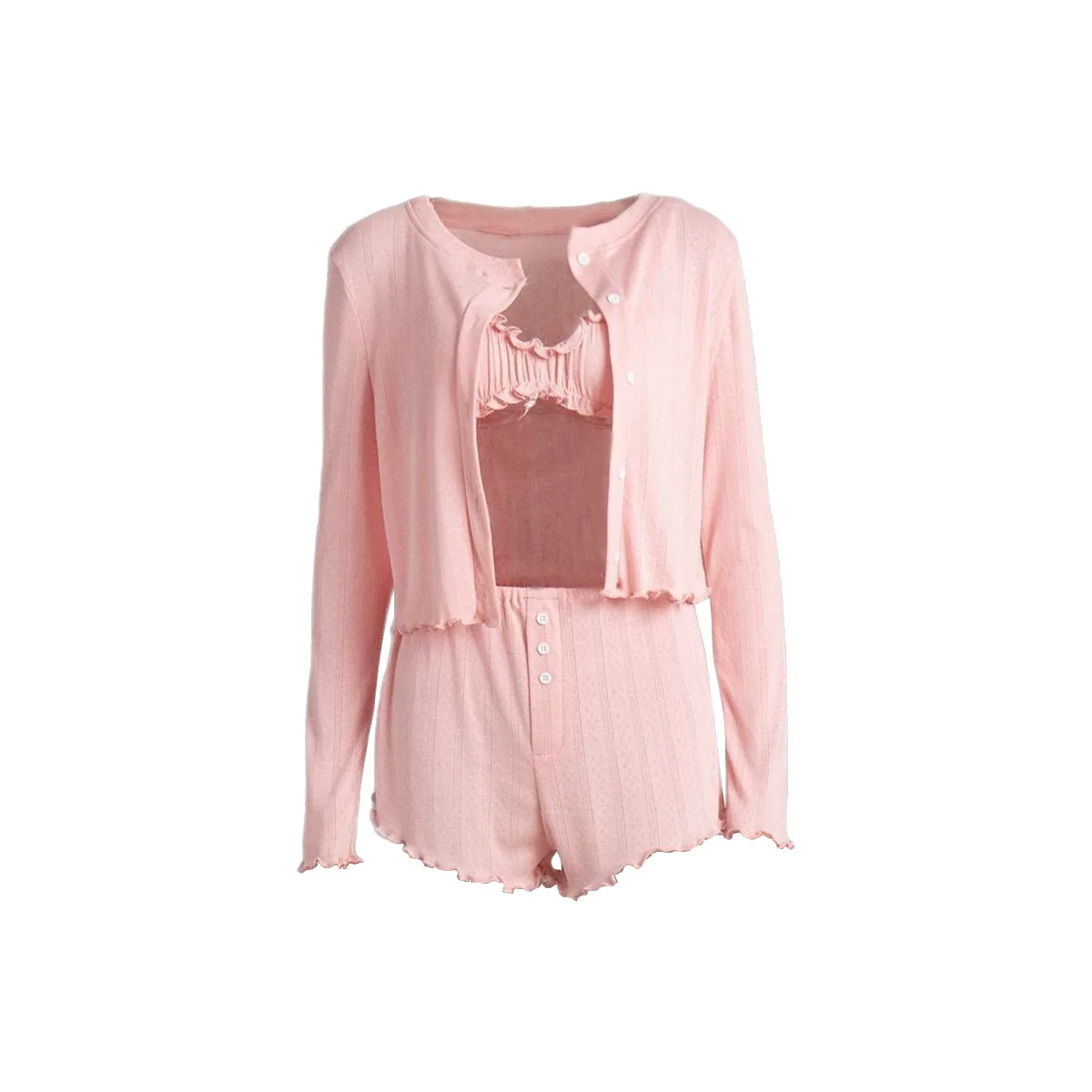 Spring Knitted Long sleeve Cardigan Shorts Three piece sets women Design Breathable Pajamas Women Bra+shorts+coat 3 Pieces Suit - Image 5