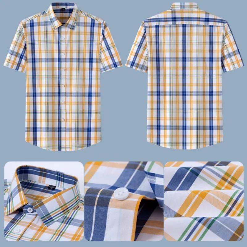 100% Cotton Summer Short Sleeve Shirts Men\'s Plaid Stripe Fit Breathable Soft Comfortable Casual Travel Social Shirt Men