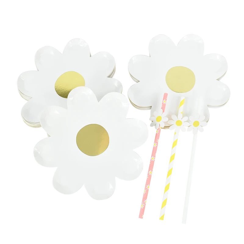 Daisy Flower Theme Party Decora Disposable Tableware Paper Plate Straws Cake Tray Kids Birthday Baby Shower Wedding Supplies