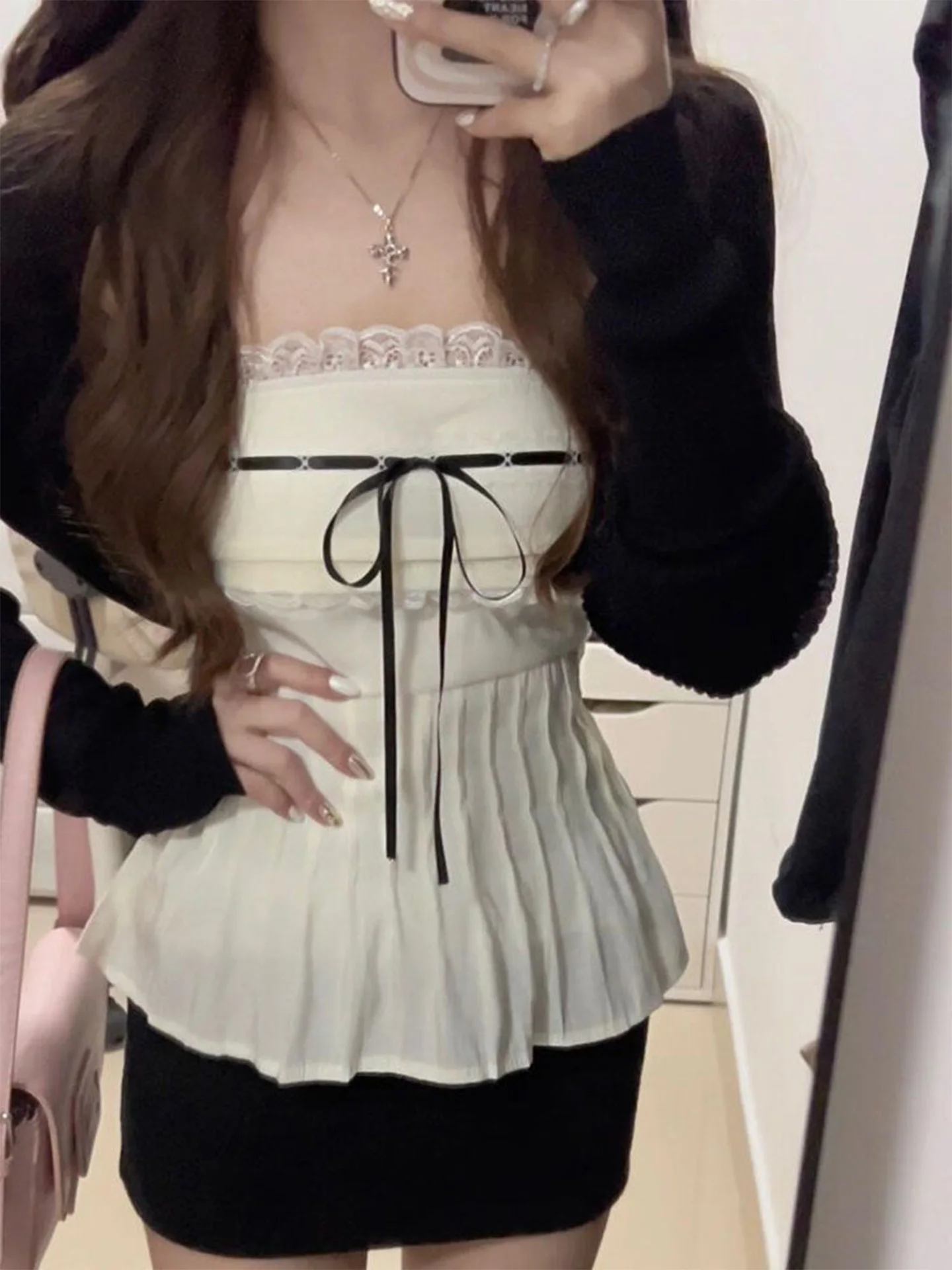 Pure Desire Sexy Girl Lace Trim Crop Top Vest Black Open Cardigan Coat Two Piece Set Short Style Belted Women's Fashion Set