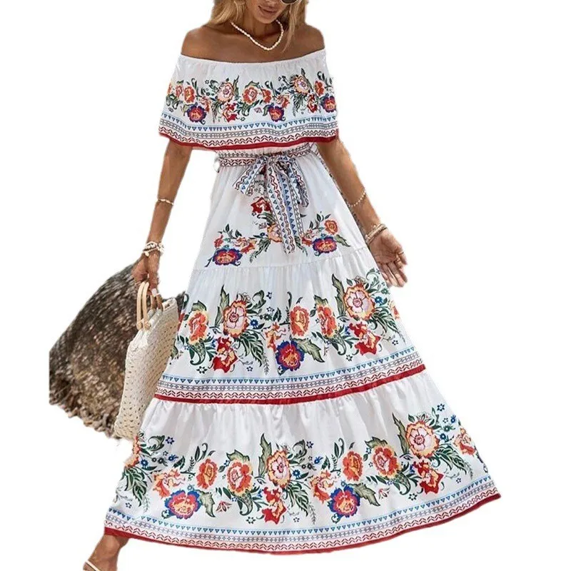 Boho 2024 Zomerjurk Print Vintage Lange Jurken Voor Vrouwen Sexy Off-Shoulder Ruche Boho Party Maxi Jurk Dames Strand Zomerjurk