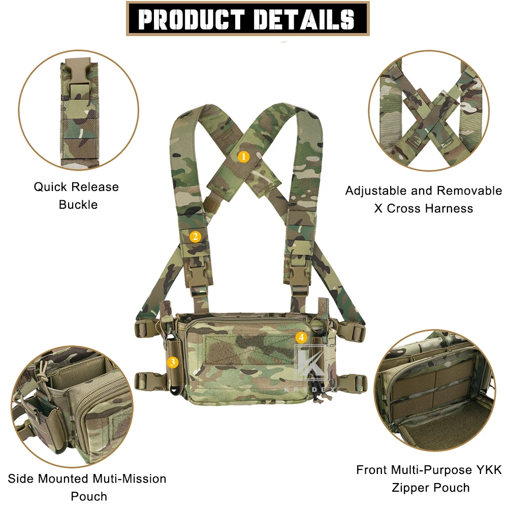KRYDEX 500D Tactical D3CR Chest Rig Micro Vest with 5.56 7.62 9mm Magazine Pouch Multifunction Pockets Airsoft Outdoor Gear