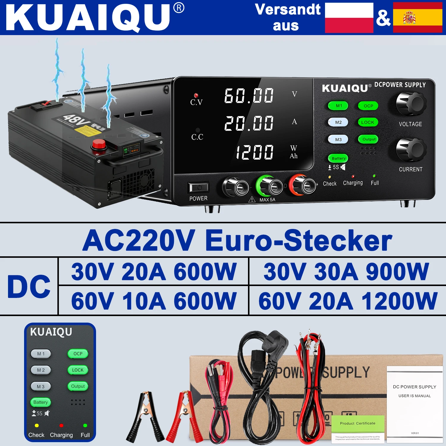 KUAIQU 600W, 900W, 1200W Hochleistungs-DC-Netzteil variabel, 12V, 24V, 30V, 48V, 60V einstellbares geregeltes Netzteil zum Aufladen von Batterien, geeignet für Batterien ohne BMS