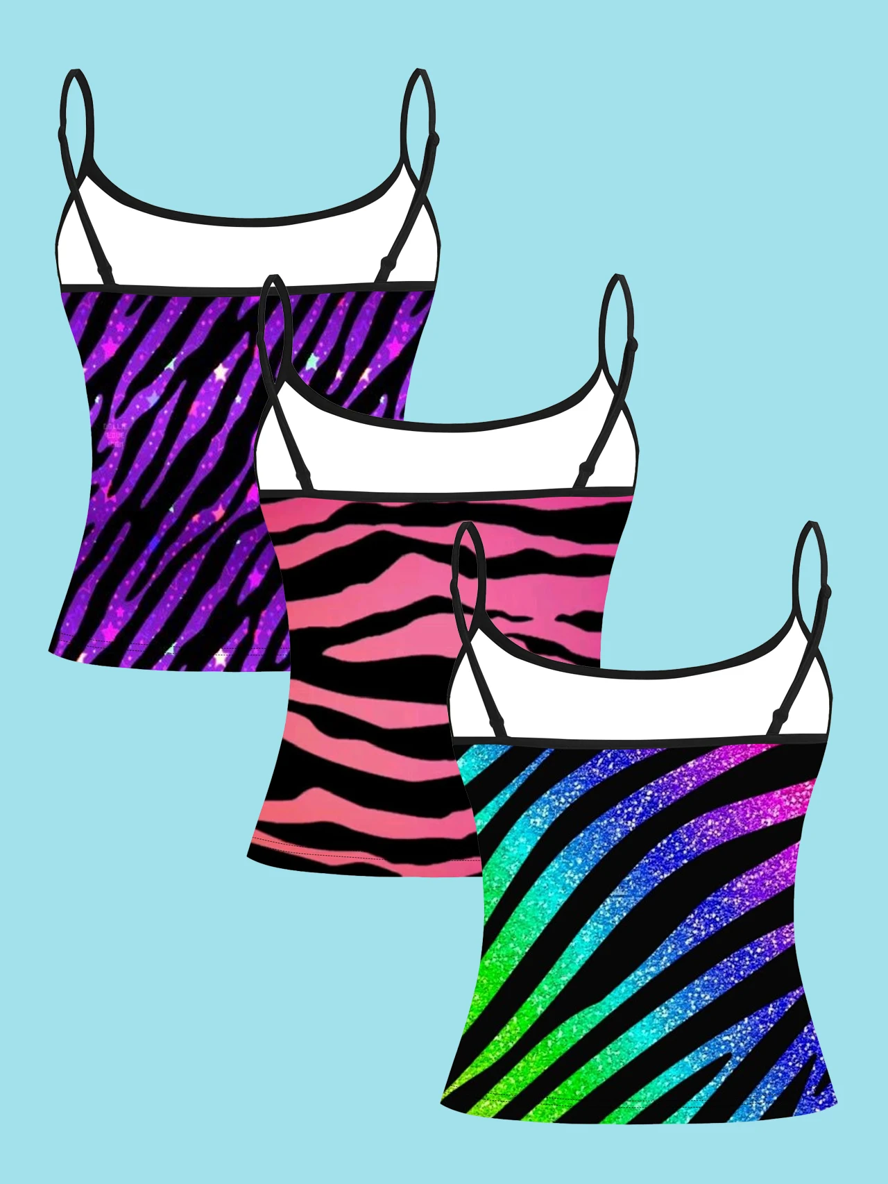 3-Pack of Colorful Zebra Print Glitter Slim Camisoles, Purple Star Pink Orange Rainbow Animal Print Fitted Sleeveless Tops, Y2K Style Inner and Outer Wear Base Layer Shirts