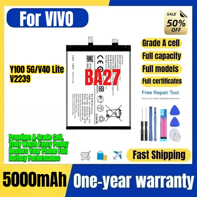 BA27 for VIVO Y100 5G/V40 Lite/V2239 Phone Battery 0Cycle High Quality High Capacity Replacement Bateria Grade A Cell with Tools