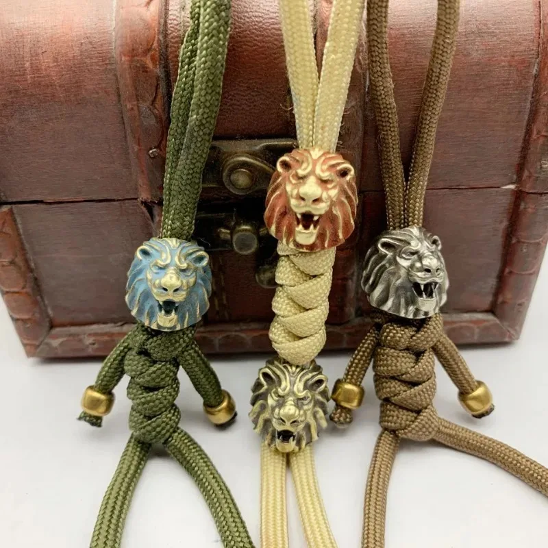 Umbrella Rope Bead EDC Outdoor DIY Paracord Pendant Gifts Brass Lion King Knife Pendant Beads Creative Copper Car Keychains