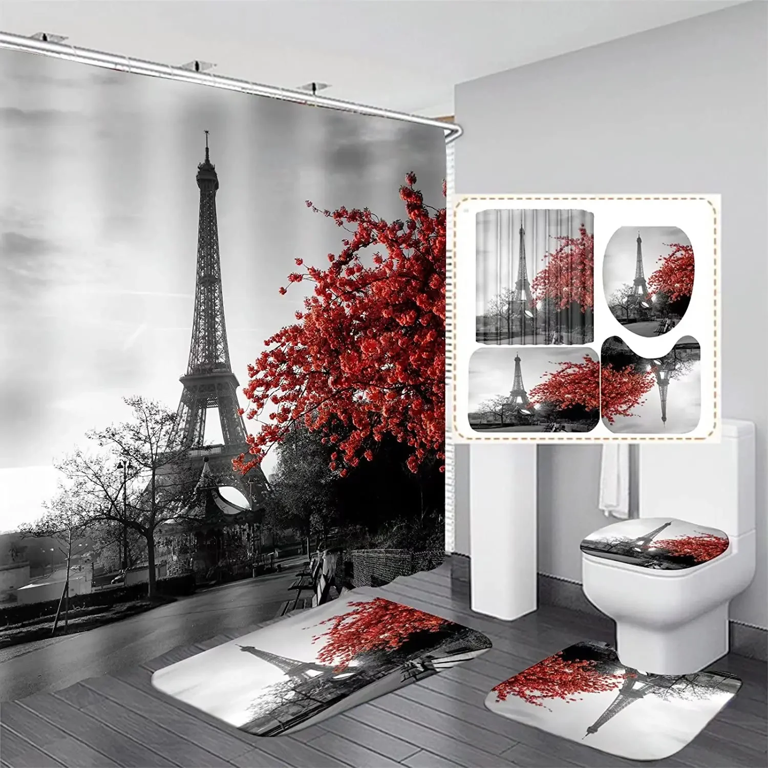 Paris Eiffel Tower Pink Shower Curtain Sets with Non-Slip Rugs Bath U-Shaped Mat Toilet Lid Cover Valentine Bathroom Decor