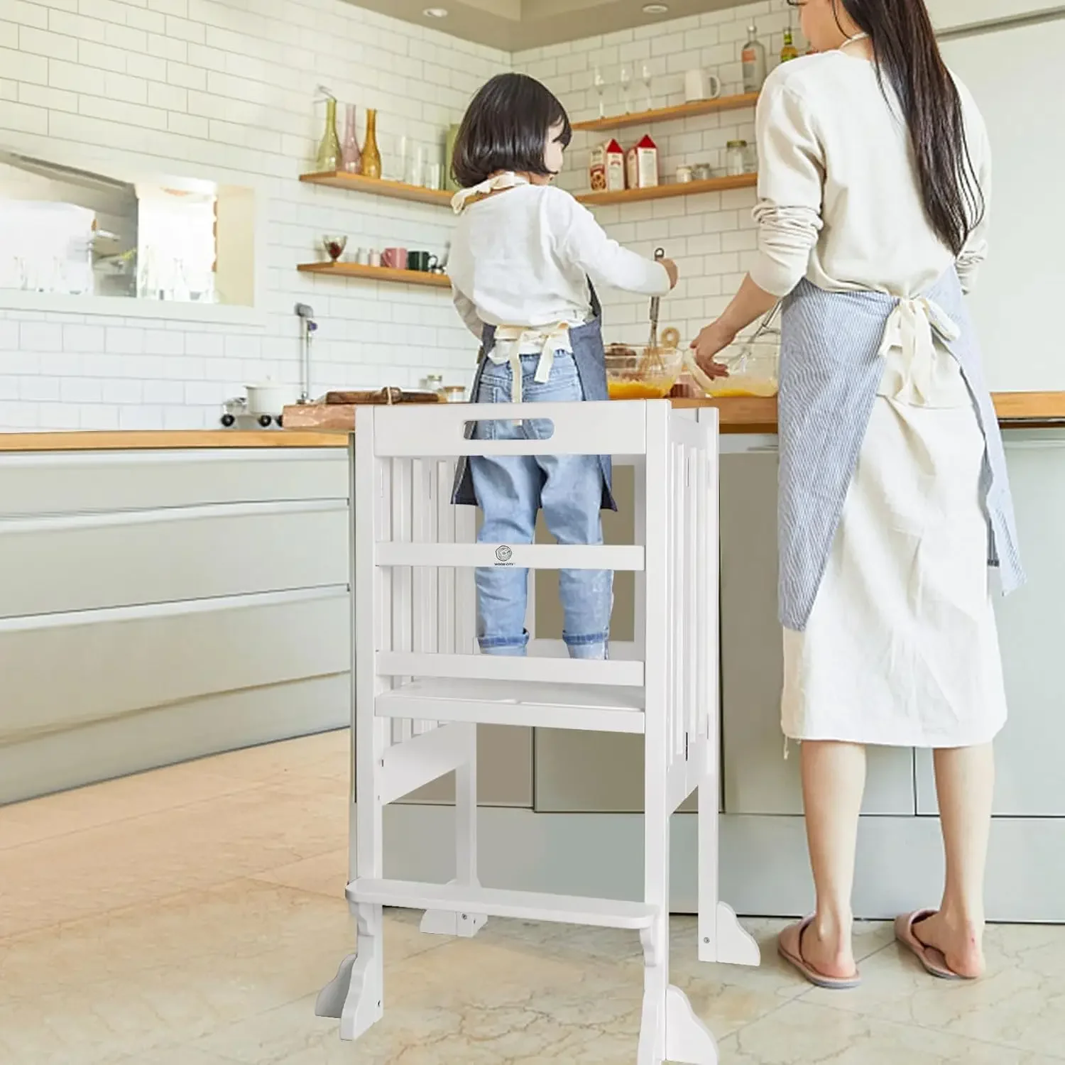 Montessori Foldable Kitchen Step Stool- Kitchen Step Stool Helper for Toddlers with Safety Rail, Height Adjustable Ideal Helper