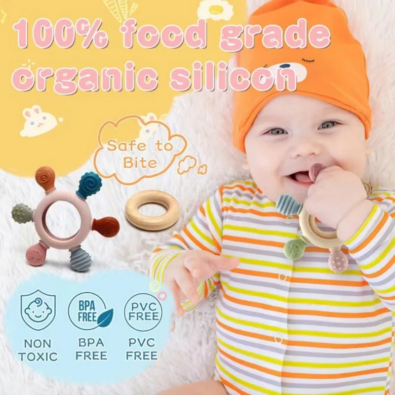 1pc  BPA Free Food Grade Baby Silicone Teether Rudder Shape Wooden Ring Teething Toys Infant Chewing Nursing Toy Newborn Gifts