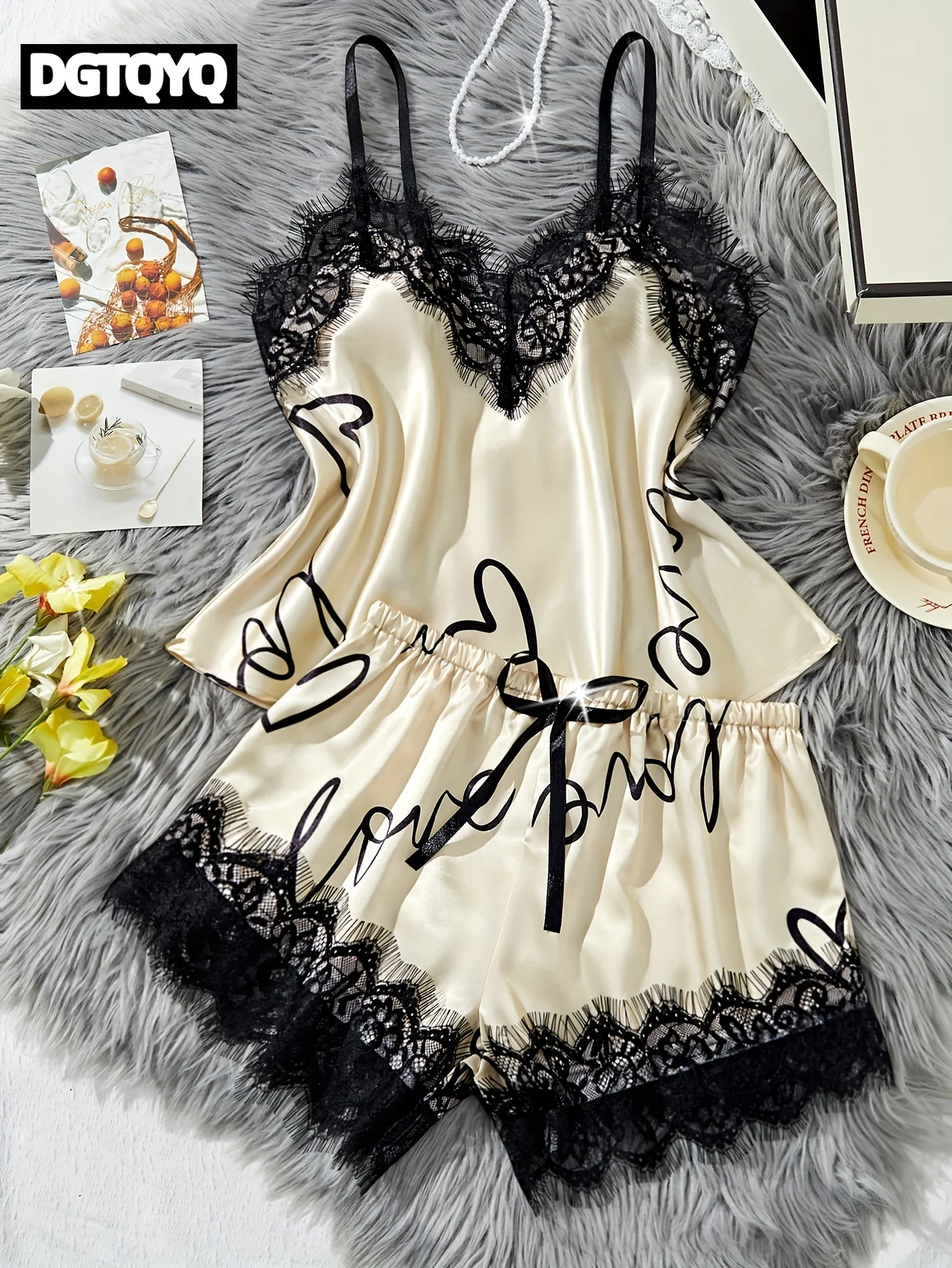 

2026 Women‘s Milk Silk Pajamas Set Summer Sleeveless Yellow Heart Print Lace Trim Soft Summer Sleepwear Lounge Sets Nightwear