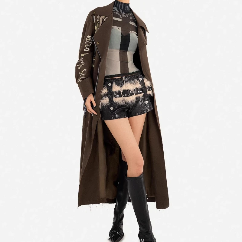 Original Retro Dedign Punk Style Long Brown Women's Trench Coat 2026 Spring New Suit Collar Loose Sweet Cool Feel Jackets Ladies