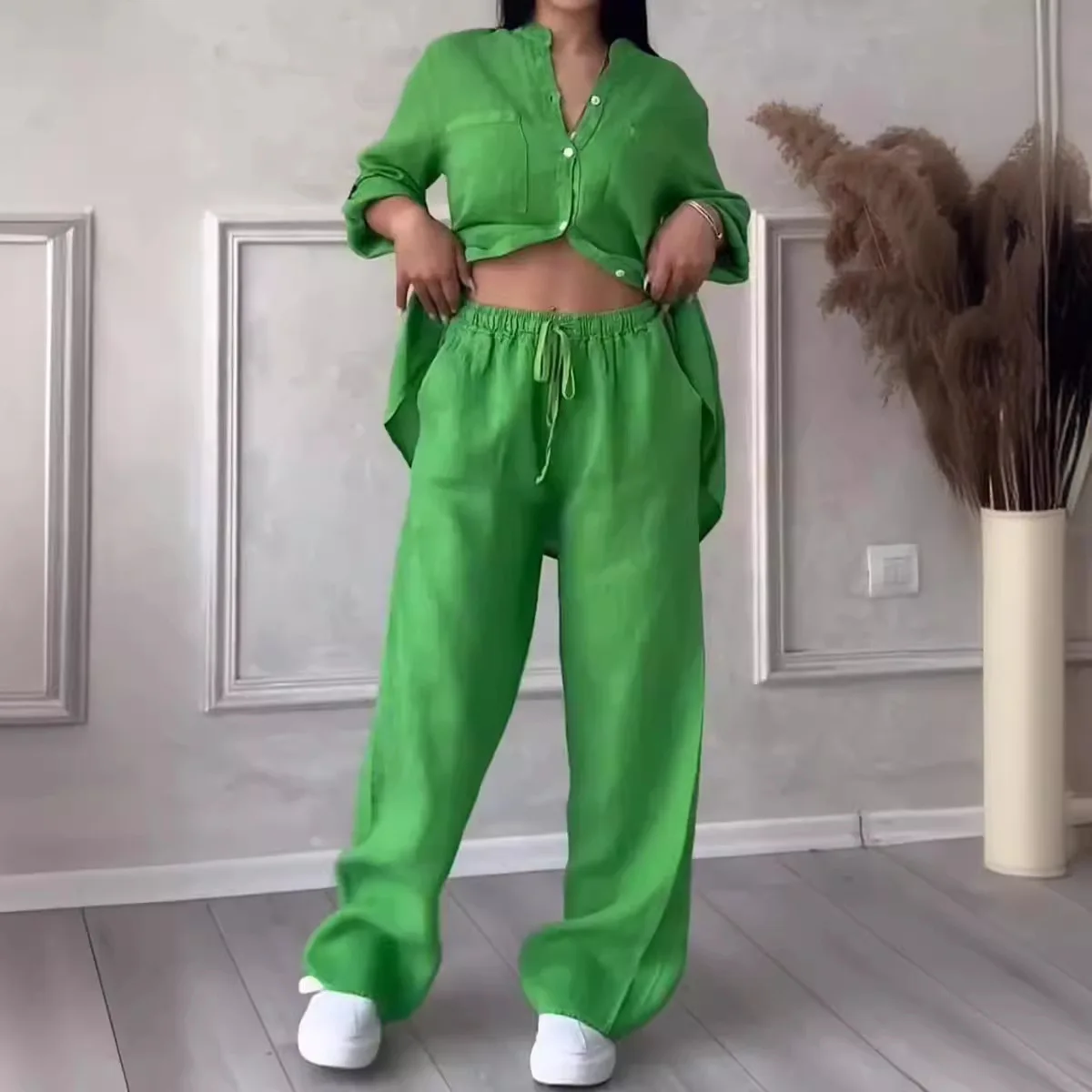 New Women's Clothing Solid Color Single-breasted Long-sleeved Shirt Two-piece Set Wide-leg Pants Lace-up Trousers Women