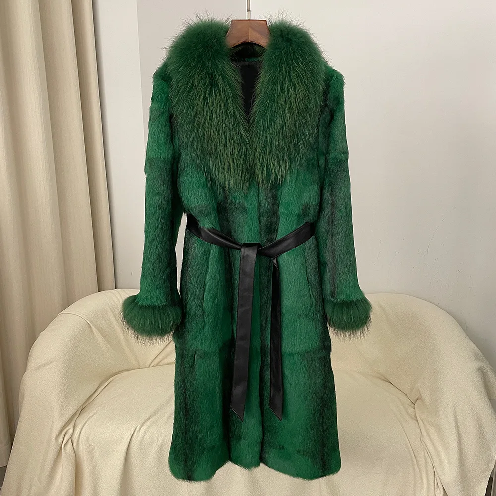 Real Fur Coat For Women Winter Long Style Real Rabbit Fur With Genuine Fox Fur Collar Warm Thick Outerwear For Ladies