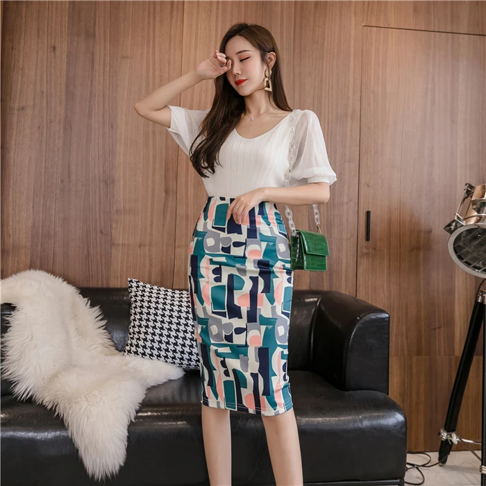 

Summer printed high-waisted slim-fitting mid-length hip-covering irregular artistic pattern women skirt