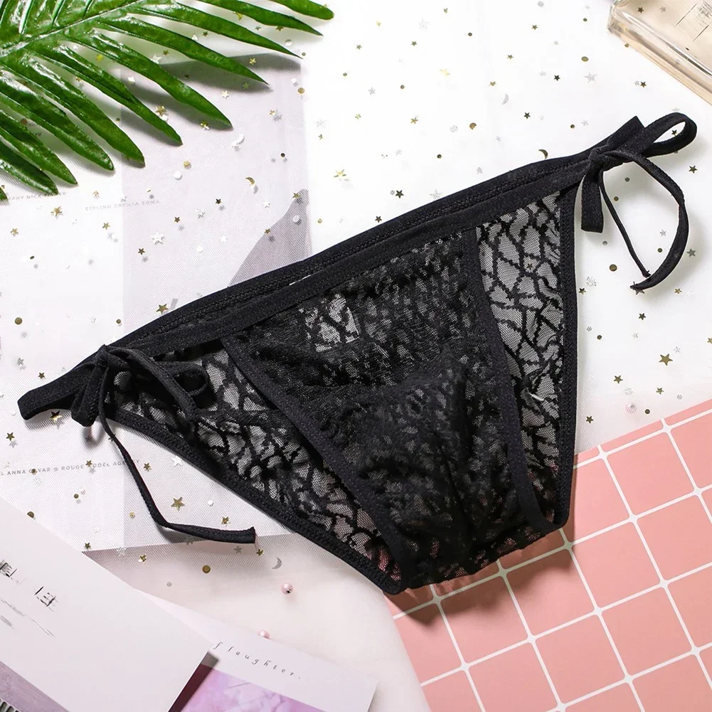 

Sexy Lingerie Mens Lace Up Sheer Underwear For Hot Man Quick Dry G String Sissy Panties Bikini T-back Ultra-Thin Underpants