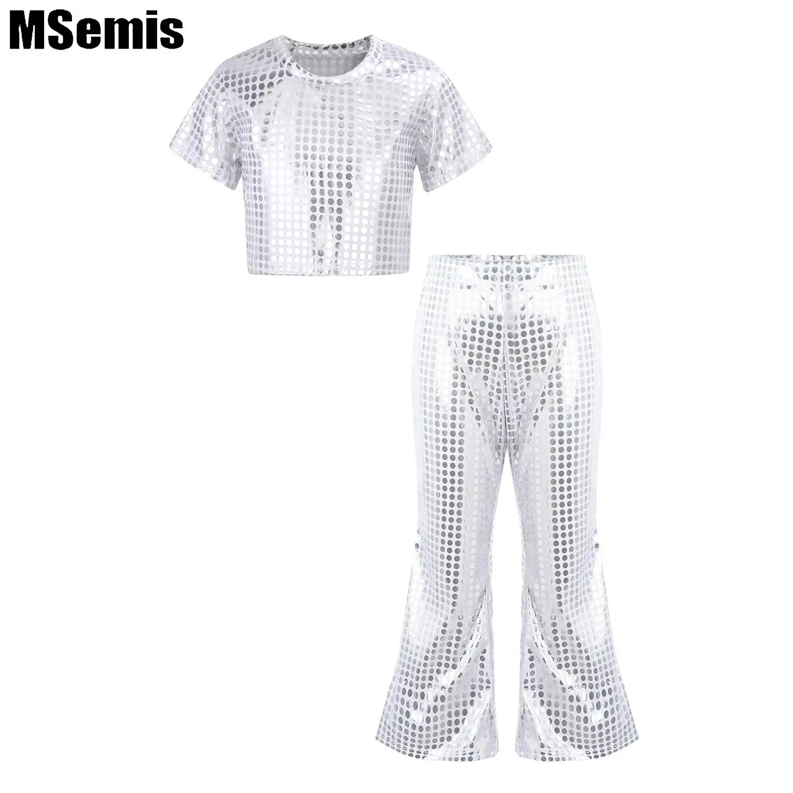 

Kids Girls Shiny Sequins Dance Outfits Round Neckline Crop Top with Elastic Waistband Flared Pants for Party Stage Performance