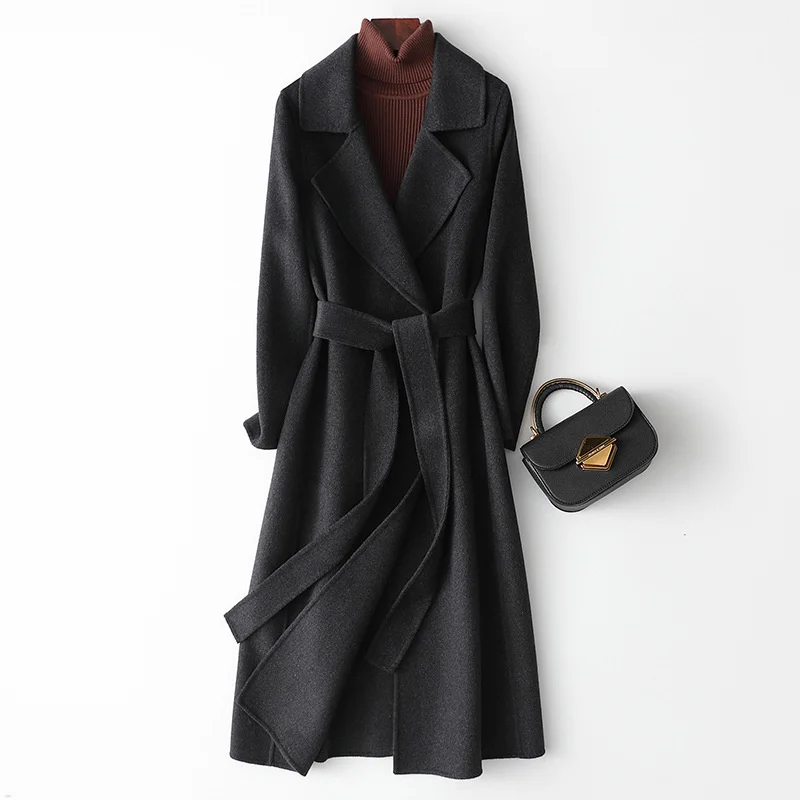 2023 Autumn Winter Double-faced Cashmere Coat Women Wool Jacket Belt Slim X-long Woolen Overcoat Loose Female Wool Outerwear