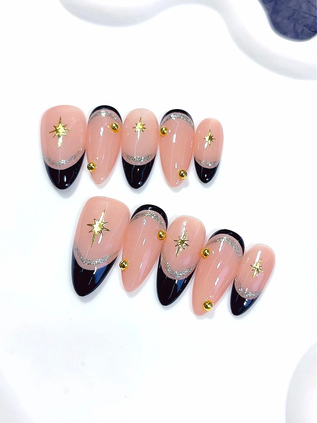 プレスオンネイル - 3D ゴールドスター＆パールラインストーングリッターアクセント手作り付け爪（C450）