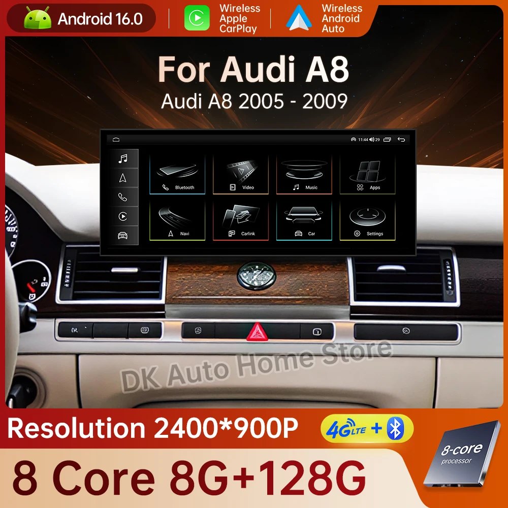 Android 16 Car Wireless Auto For Audi A8 2005 - 2009 QLED Touch Screen Carplay GPS Navigation Bluetooth Tools Split Screen DSP