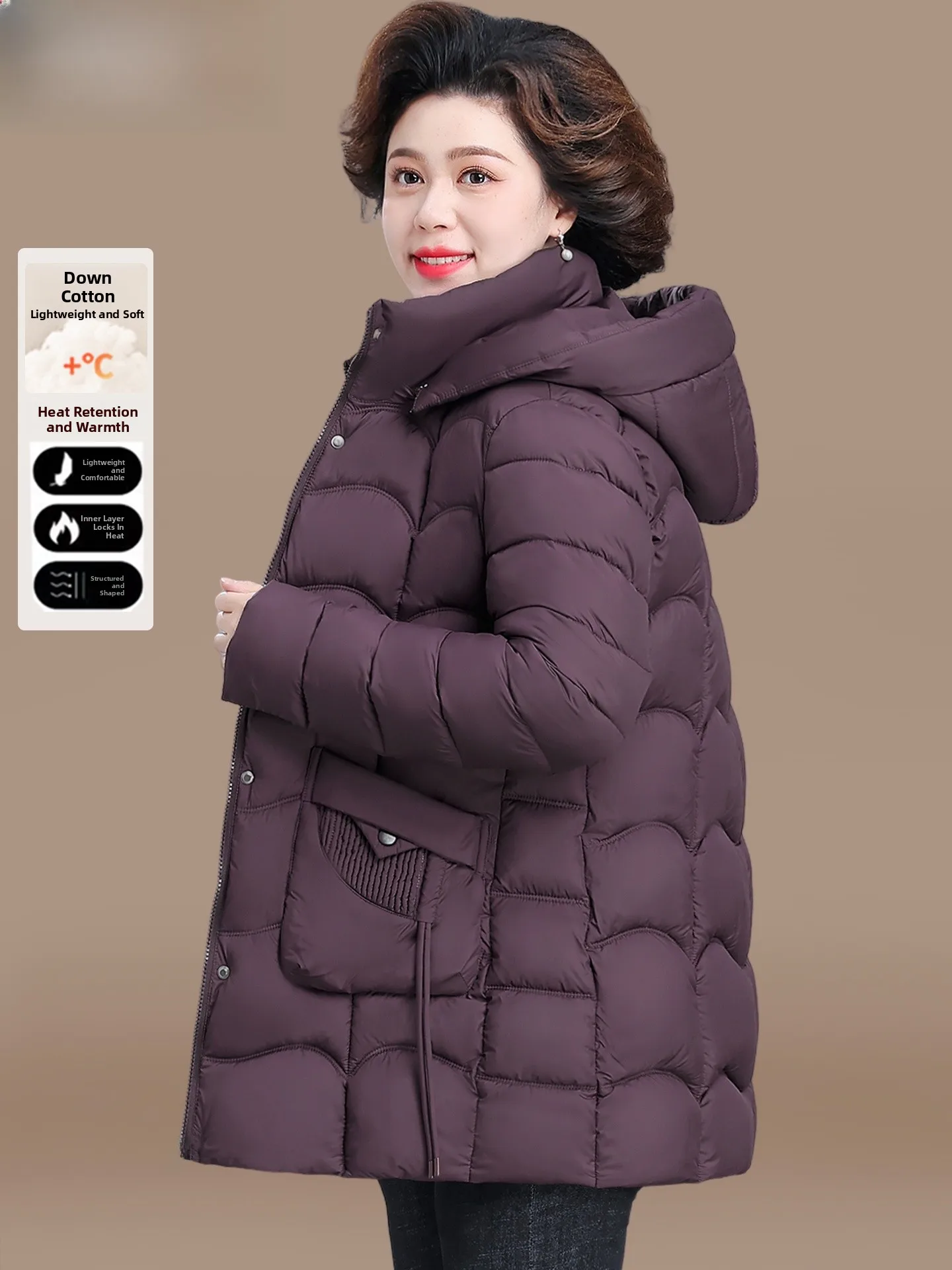 

Winter Faionable down Cotton Jaet Women's Mid-Length Coat Warm Windproof Zipper Closure Patch ket Hooded Straight Hem