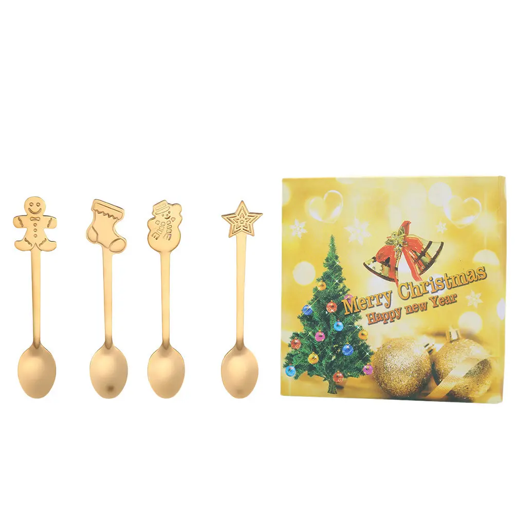 4Pcs Golden Christmas Coffee Spoons Stainless Steel Long Handle Dessert Tea Mixing Spoons Festive Mirror Shine Gift Packaging