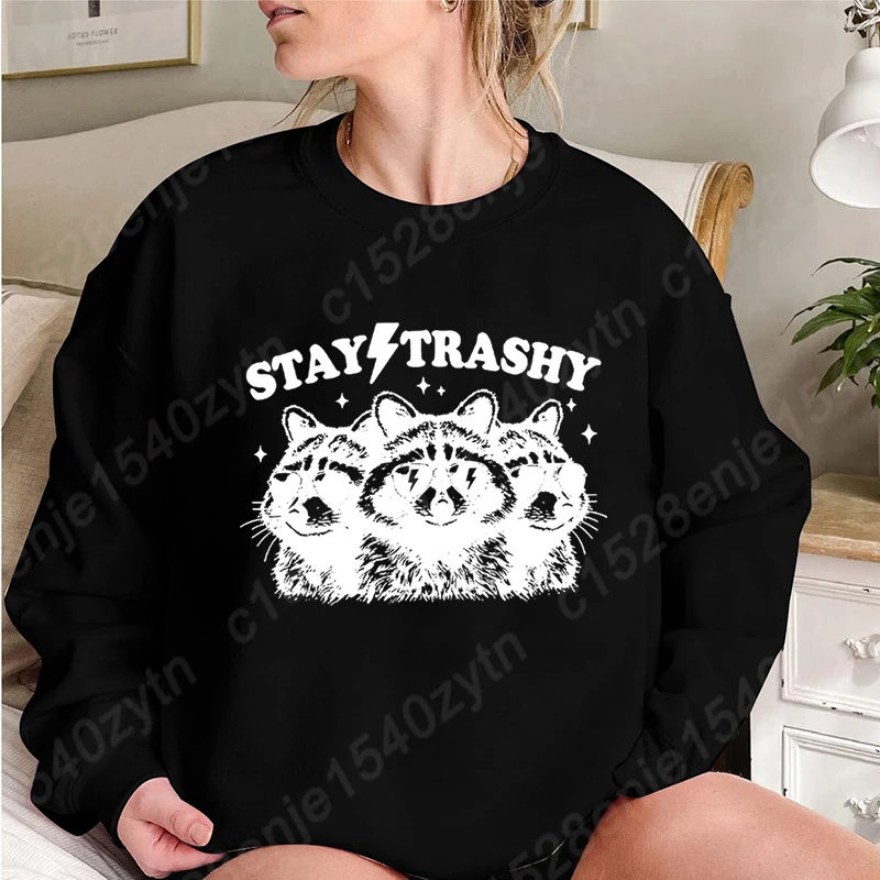 Popular Racoon Stay Trashy Print Pullover Women Fashion Pure Color O Neck Hoodless Sweatshirt Autumn Winter Sweatshirt Plus Size