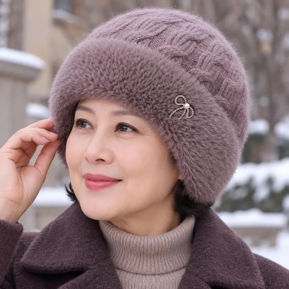 Thickened Winter Knit Hat Windproof Soft Yarn Fleece Lined Beanie Ear Flaps Elastic Elderly Mother Bonnet Winter Outdoor